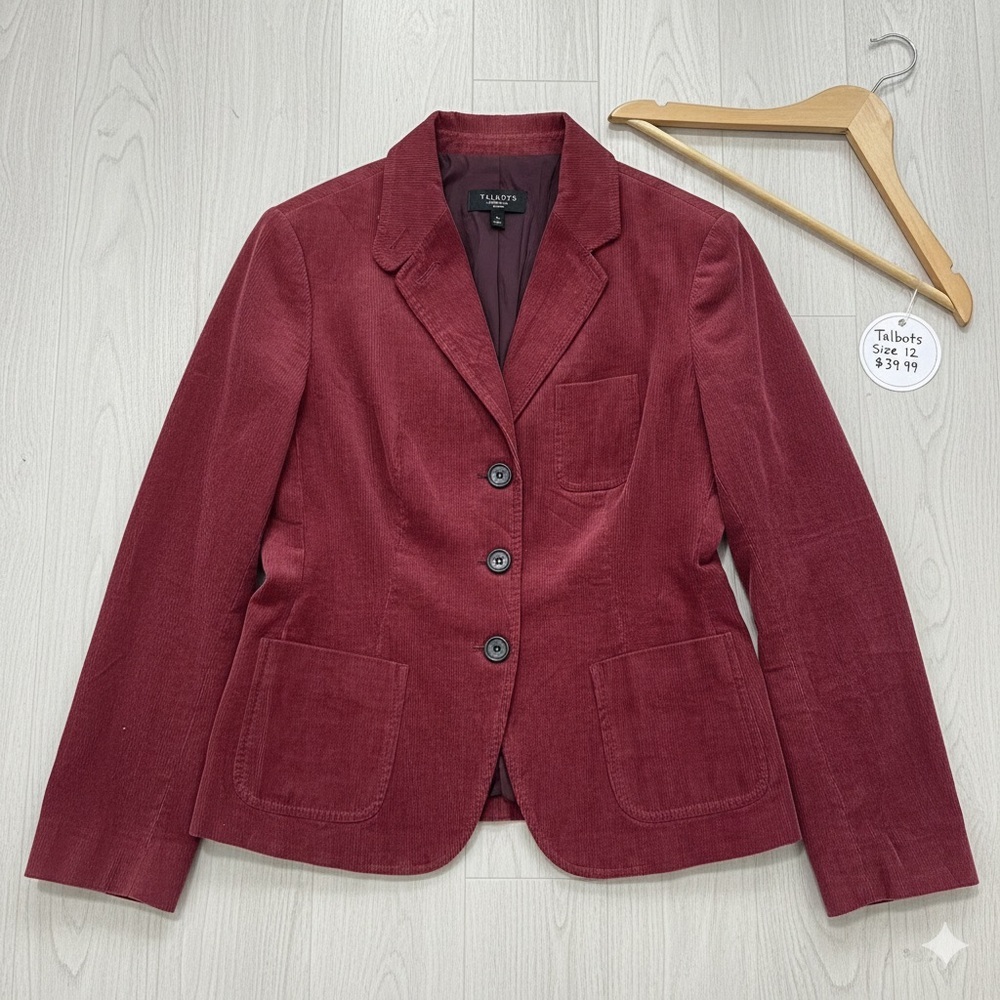 👉 Talbots Petites Maroon Corduroy 3-Button Blazer Jacket, Size 6P, Burgundy